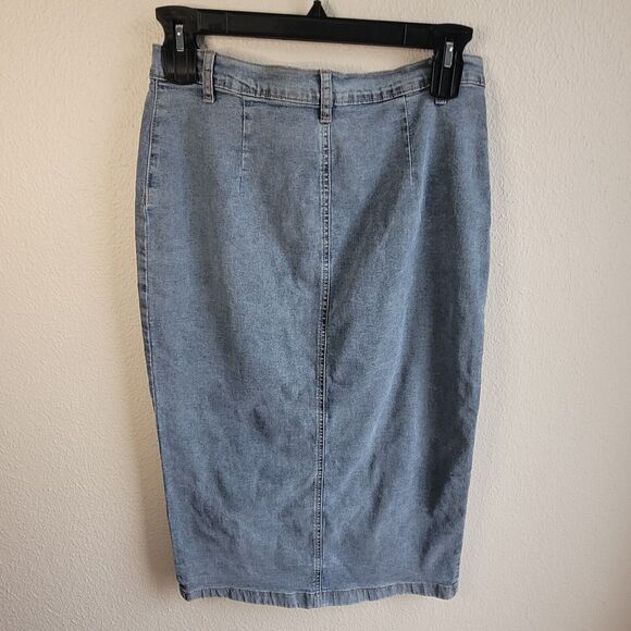 NEW Denim Maxi Skirt Sz 11 29 Button Front Happily Grey Boho Stretch Modest - Picture 2 of 16